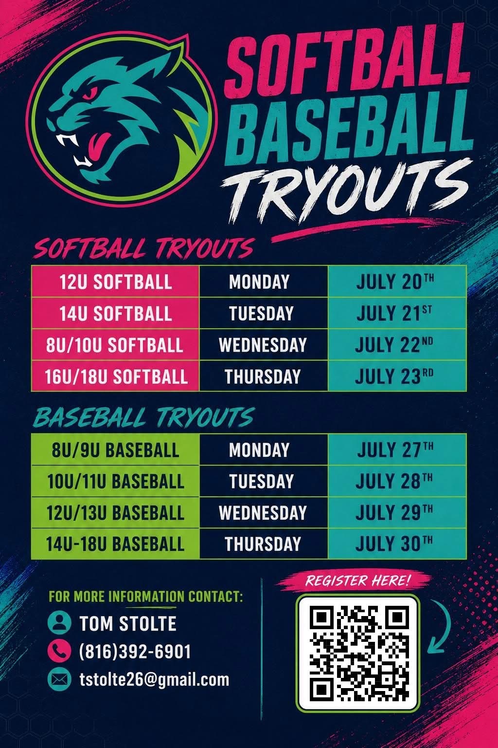 Hillcats Baseball and Softball Club tryout flyer