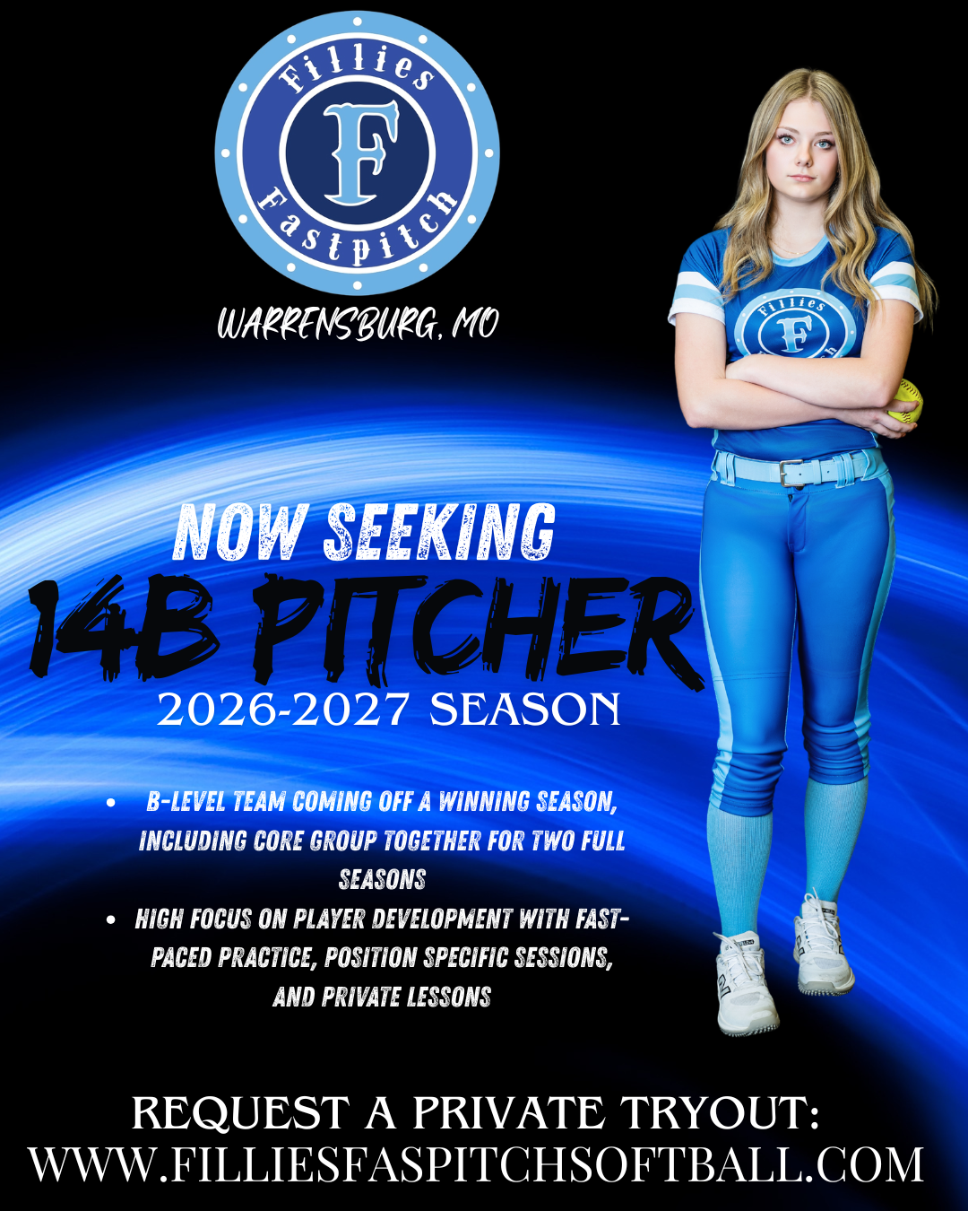 Fillies Fastpitch 14U tryout flyer