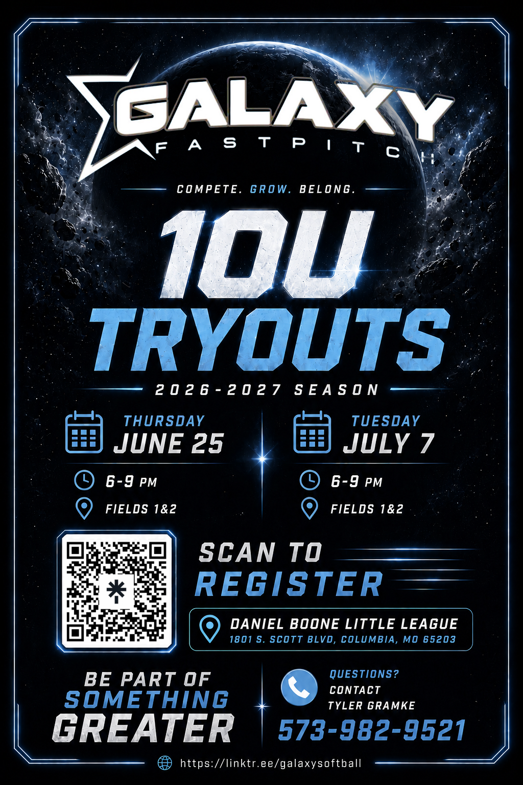 Galaxy 10U - Gramke tryout flyer