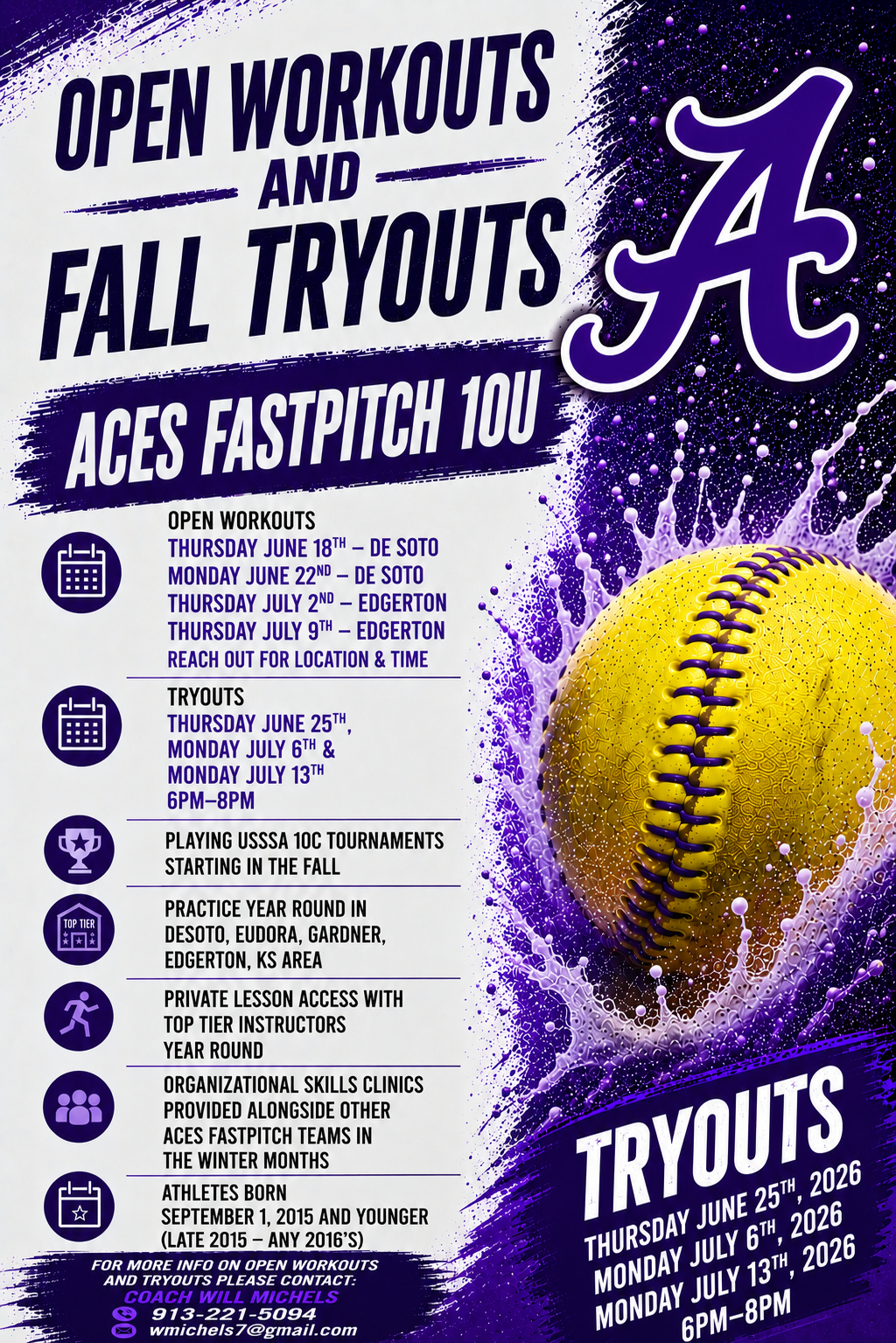 Aces Fastpitch 10U - Michels tryout flyer