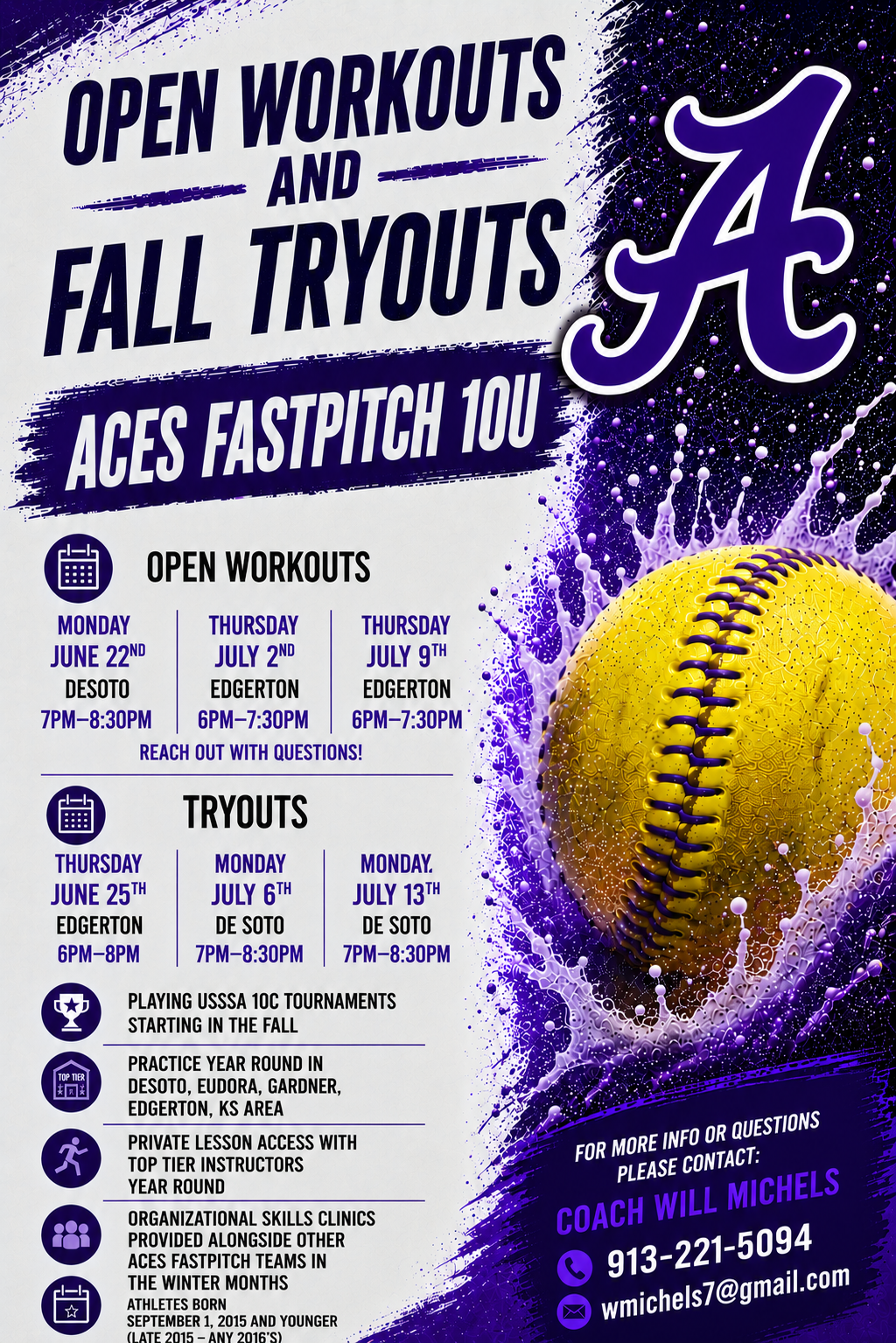 Aces Fastpitch 10U - Michels tryout flyer