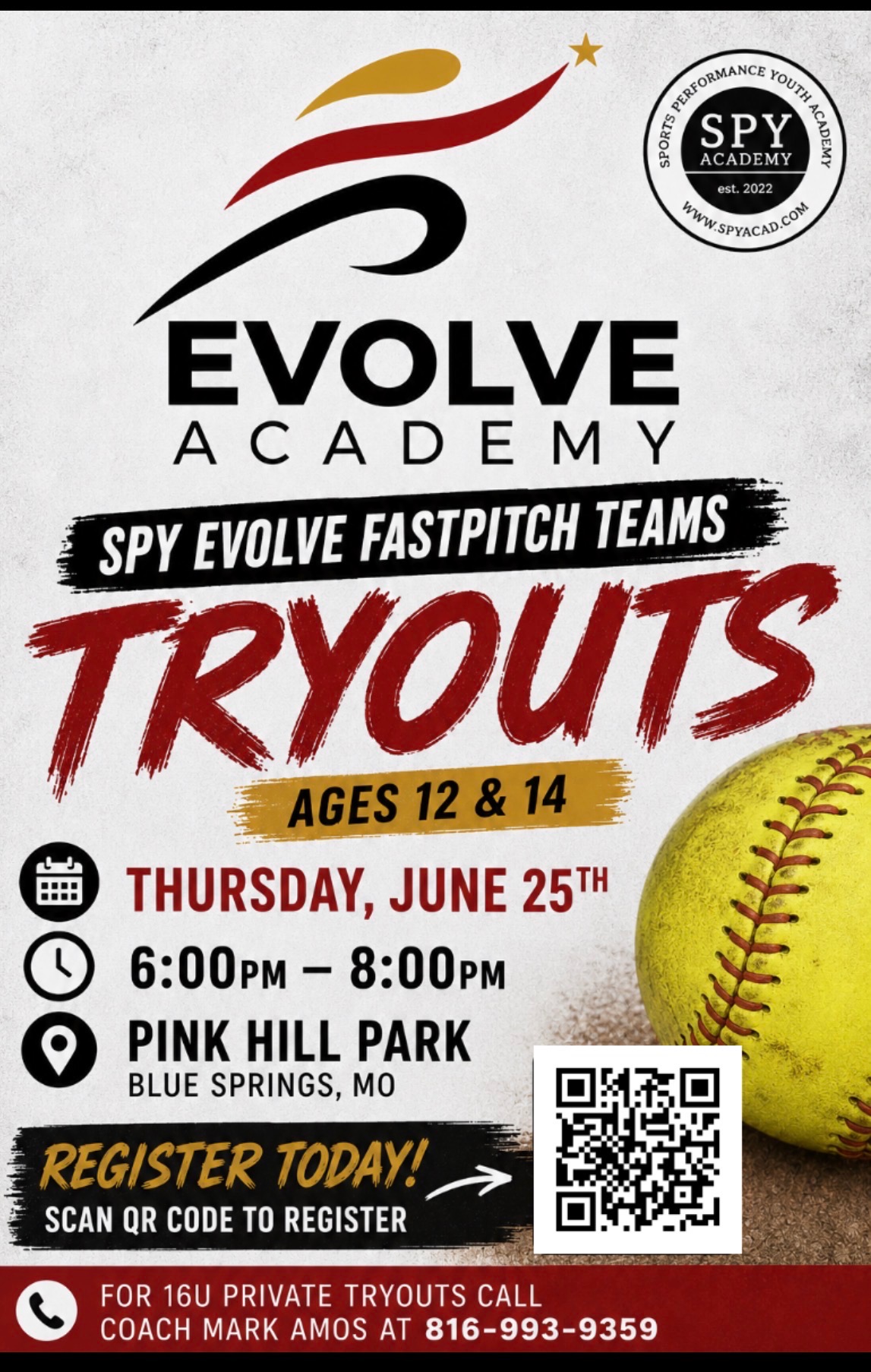 Evolve Academy 14U tryout flyer