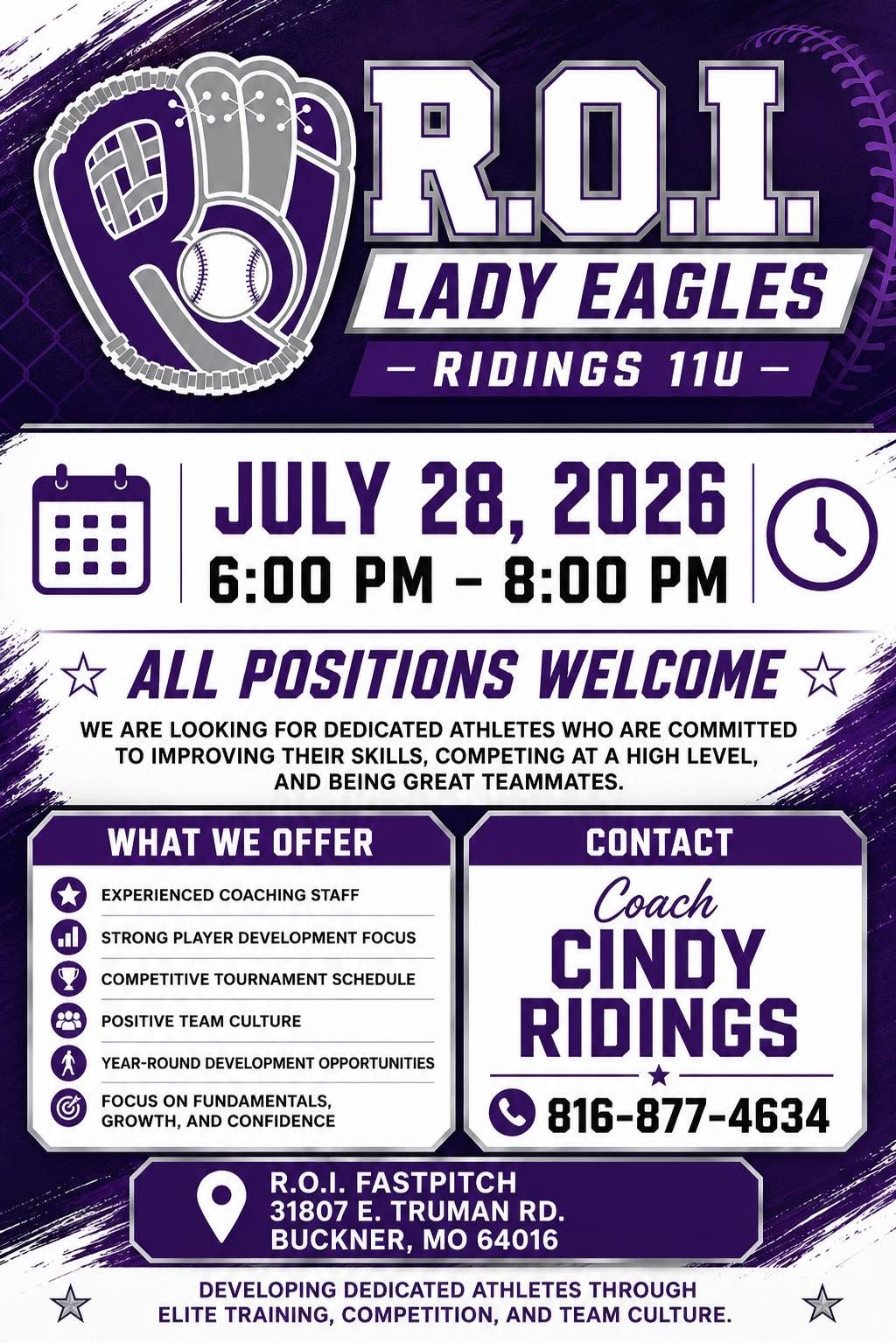 R.O.I. Lady Eagles 11U tryout flyer