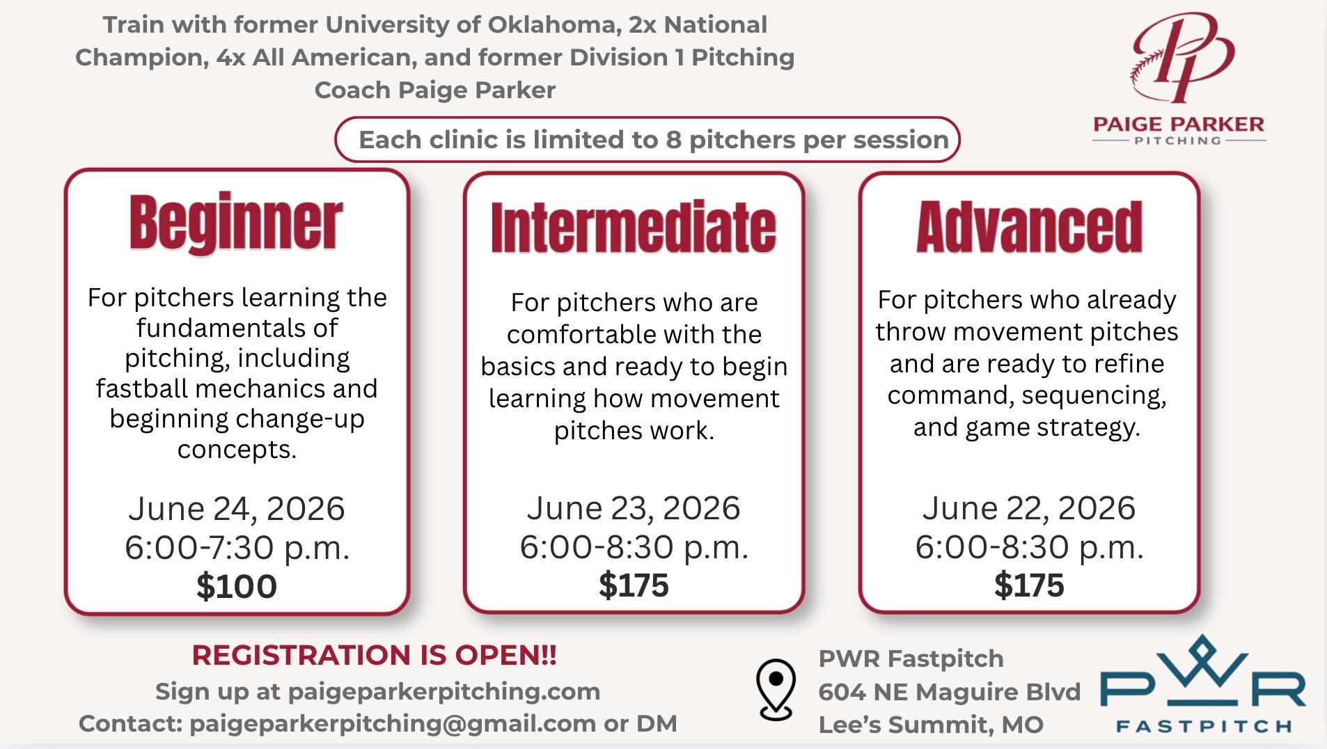 Paige Parker Pitching Clinic flyer
