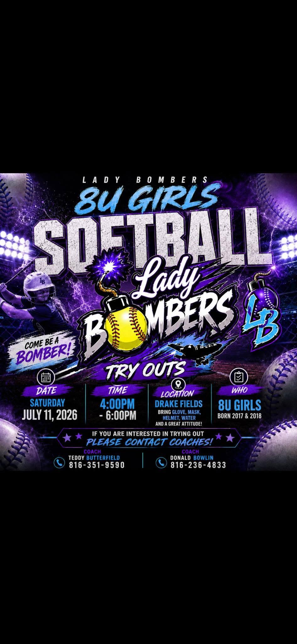 Lady Bombers 8U tryout flyer