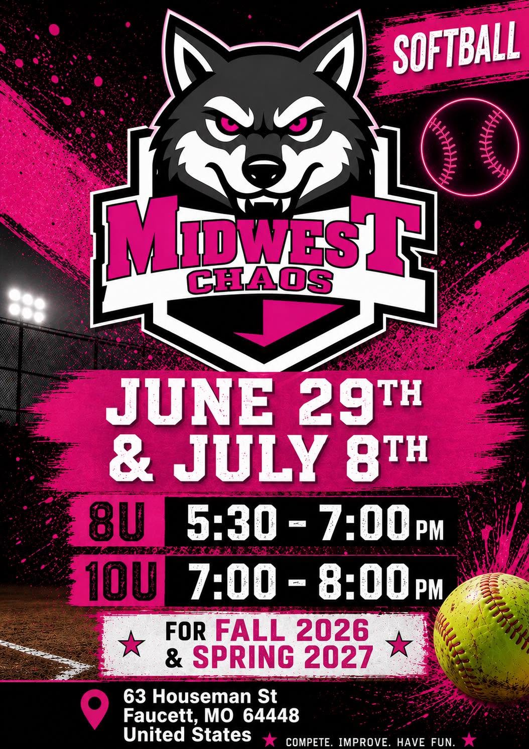 Midwest Chaos 8U tryout flyer