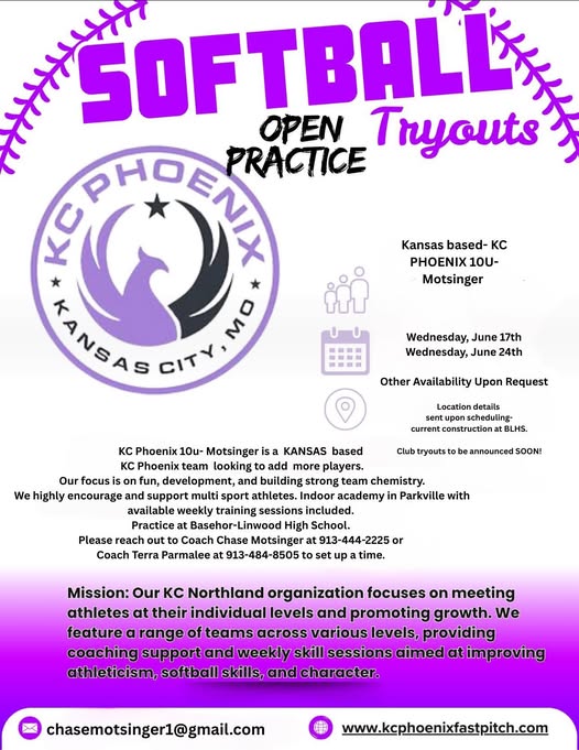 KC Phoenix 10U - Motsinger tryout flyer