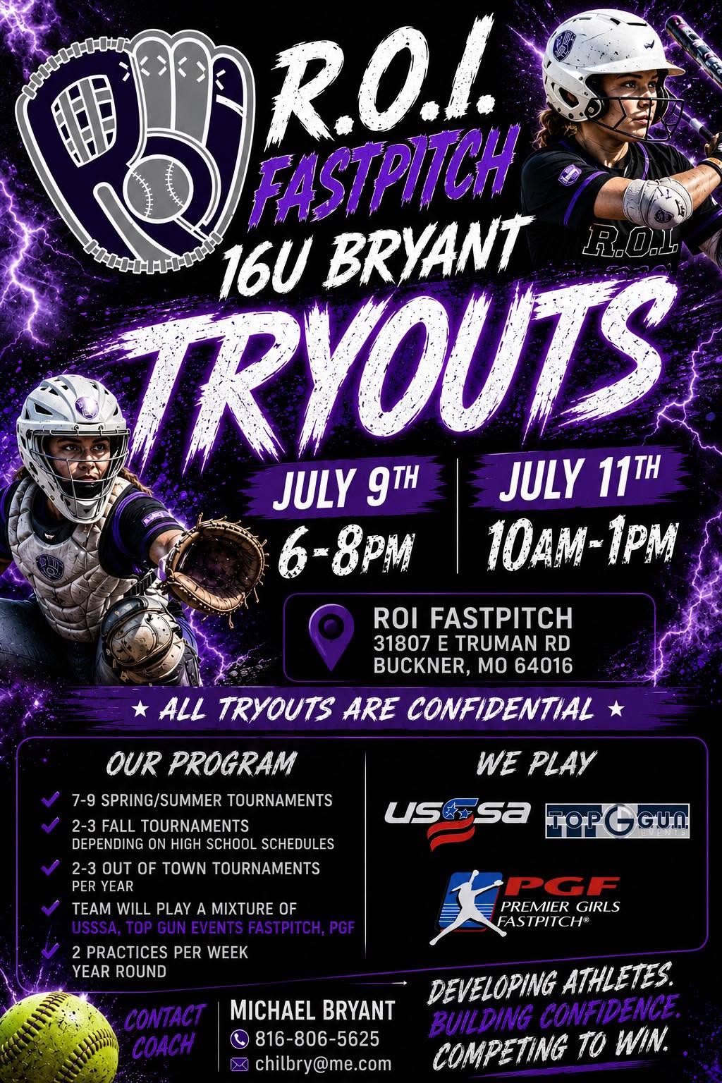 ROI Fastpitch 16U Bryant tryout flyer